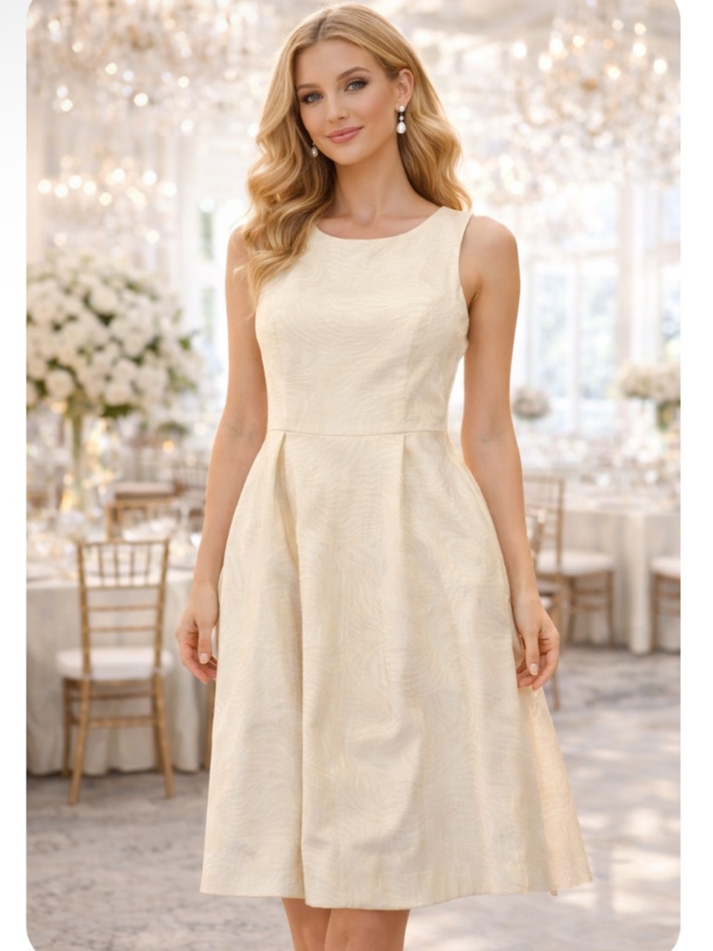 Erin Fetherson Elegant Cream Midi Dress with Sleeveless Fit-and-Flare new nwt